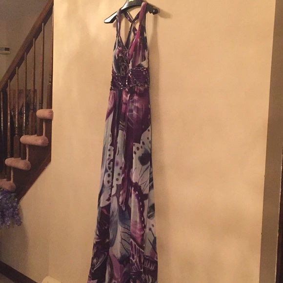 La Femme Purple Floral Beaded Prom Dress Size 8 - Picture 2 of 8